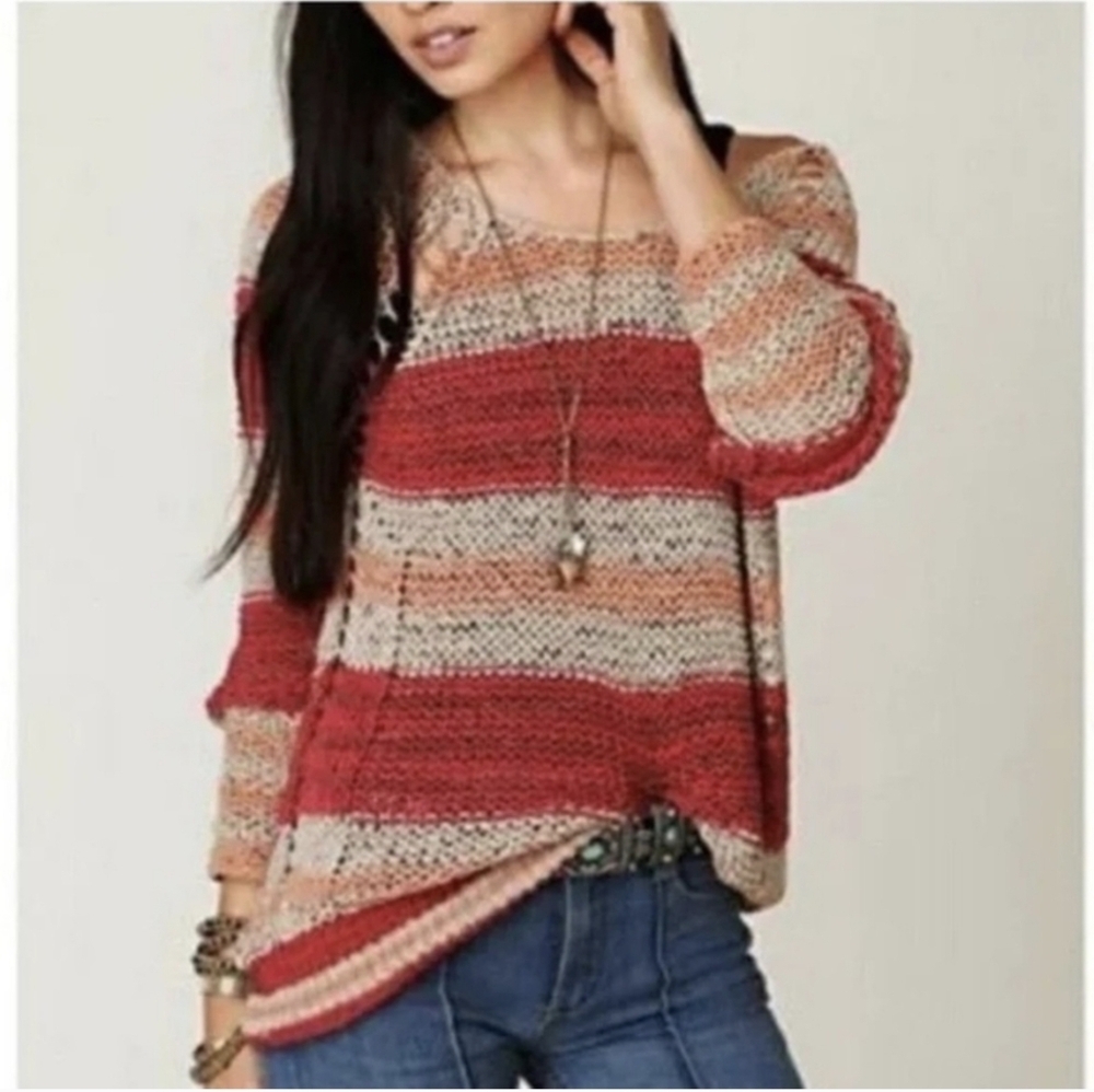 Free People Crochet Sweater Colorblock Desert Moon Earth Tone Striped Size S